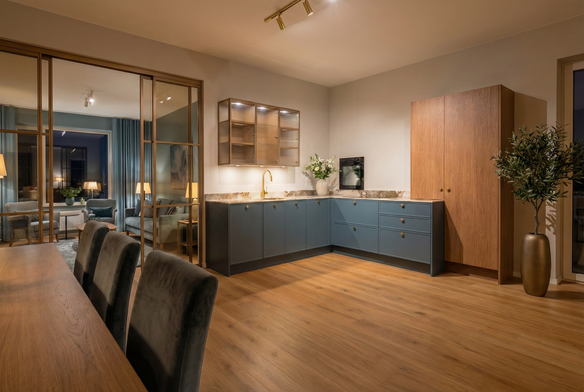 Landelijke moderne keuken in groentint met houtlook