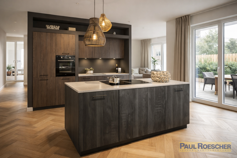 Eilandkeuken met moderne en warme houtlooks