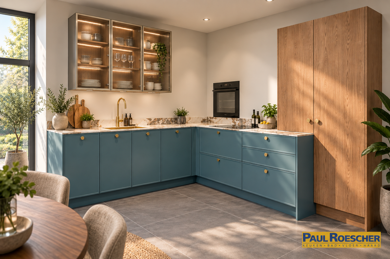 Landelijke moderne keuken in groentint met houtlook