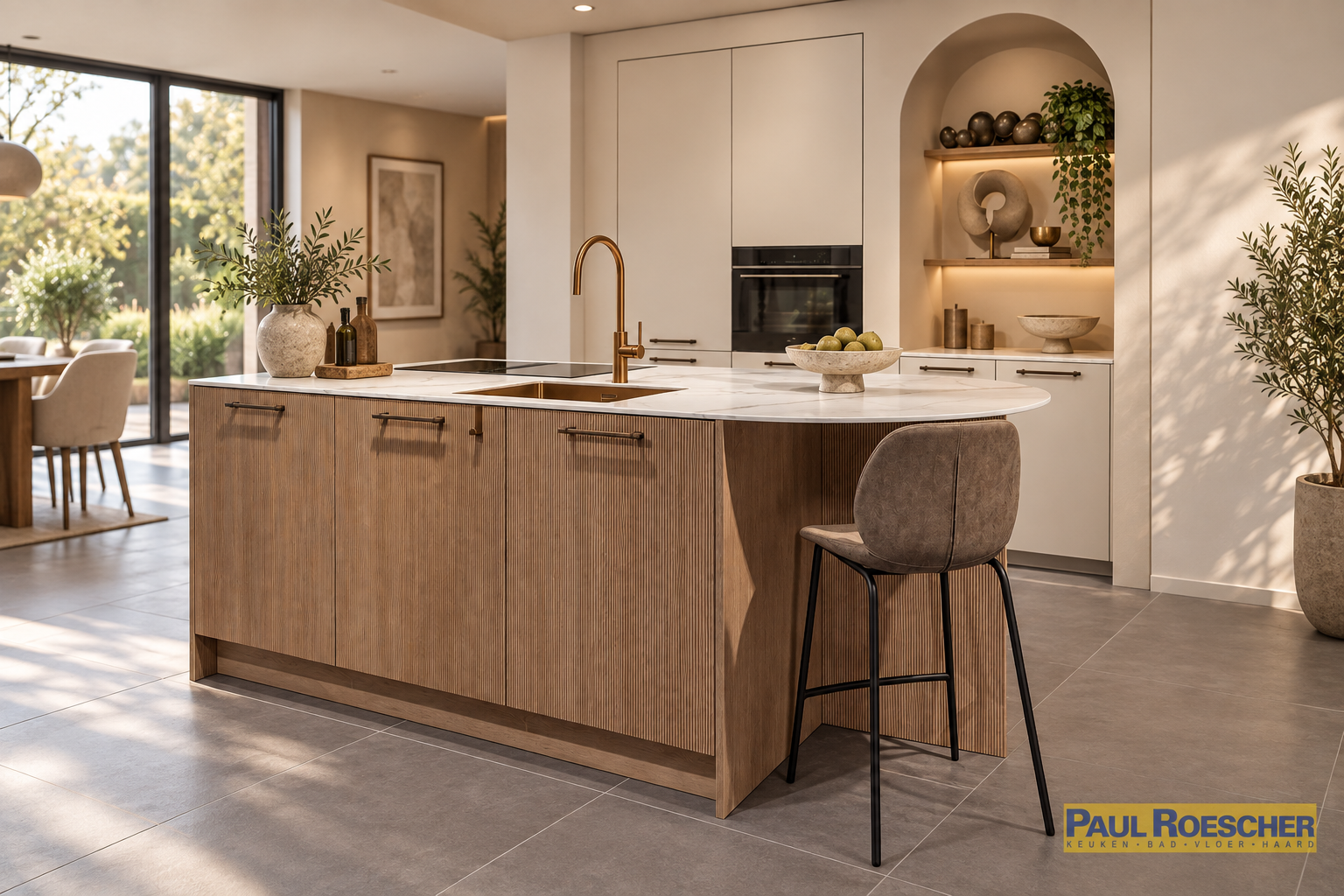 Luxe keuken in warm notenhout met marmerlook werkblad