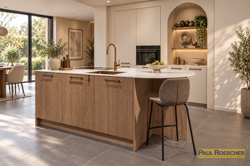 Luxe keuken in warm notenhout met marmerlook werkblad