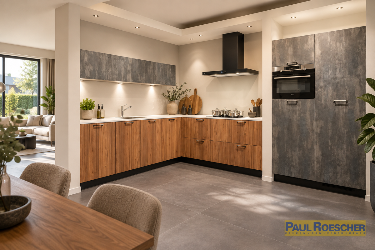 Moderne hoekkeuken houtlook met betonlook fronten