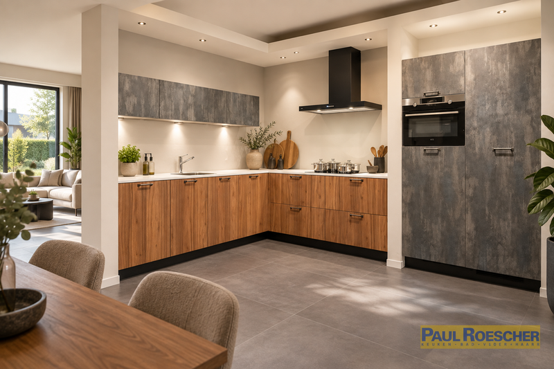 Moderne hoekkeuken houtlook met betonlook fronten