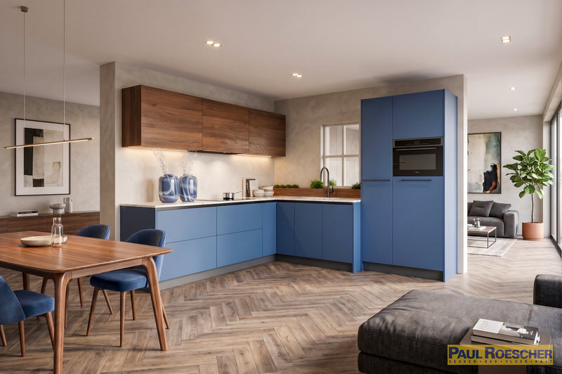 Moderne Blauwe Hoekkeuken met Warme Houtaccenten