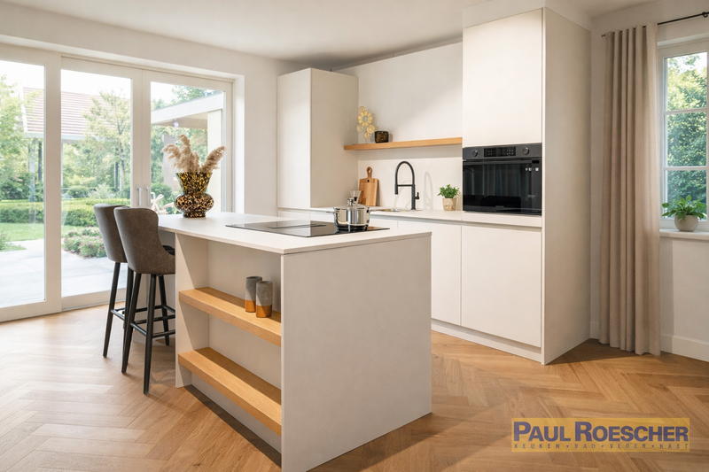 Rustige eilandkeuken met tijdloos design